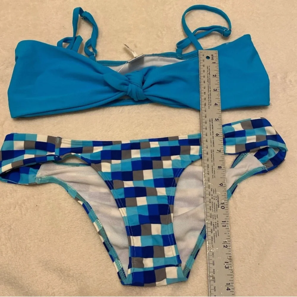 Fashion Nova Blue Knotted Bikini with Gingham Bottoms